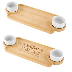 HH75105 Bamboo Serving Tray With Porcelain Bowls And Custom Imprint